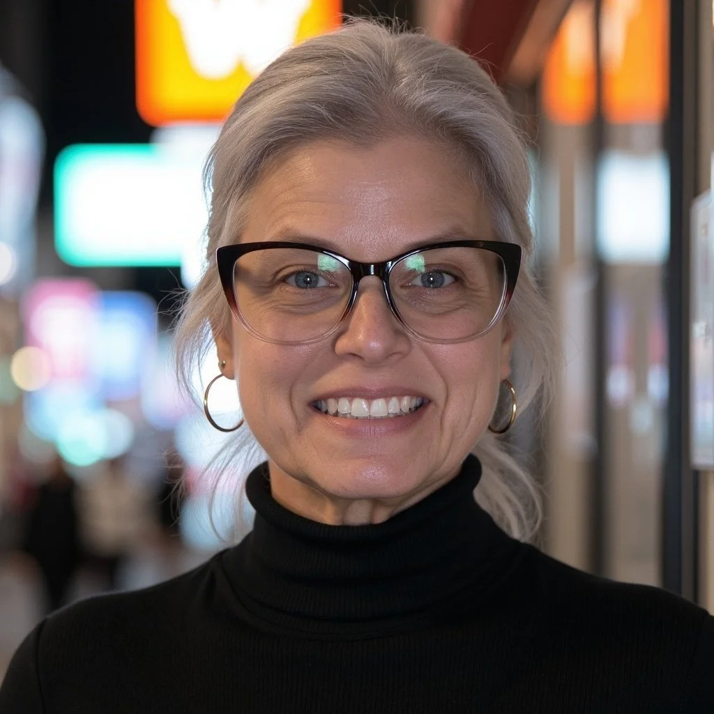 Close-up of a smiling woman with gray hair, wearing glasses, hoop earrings, and a black turtleneck, standing indoors with colorful, blurry city lights in the background.