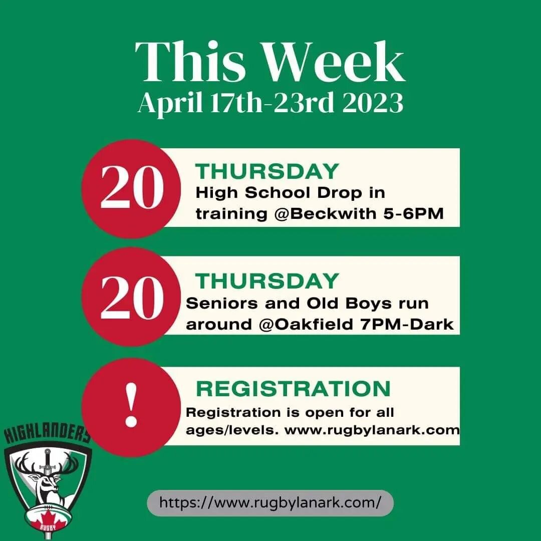 Weekly Schedule:

Thursday April 20th:
High School Student drop in session at Beckwith Park 5PM-6PM

Seniors (Men and Women) and Old Boys run around at Oakfield. 
7PM to dark. 

Remember to register!!! 
https://rugbycanada.sportsmanager.ie/sportlomo/