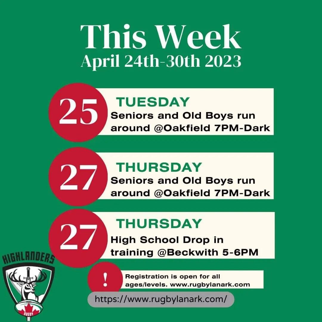 Happy Monday Highlanders!

Here is the weekly schedule! 
Remember that last year's registration expires on April 30th. If you want to train/play in May, make sure to register here ASAP:
https://rugbycanada.sportsmanager.ie/sportlomo/registration/memb