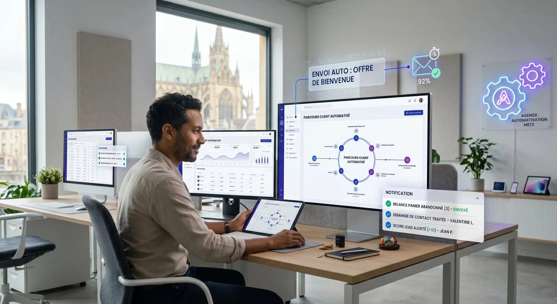 Entrepreneur devant écrans affichant un parcours client automatisé et notifications de ventes. Design de bureau moderne avec vue sur la cathédrale de Metz et logo néon Agence Automatisation.