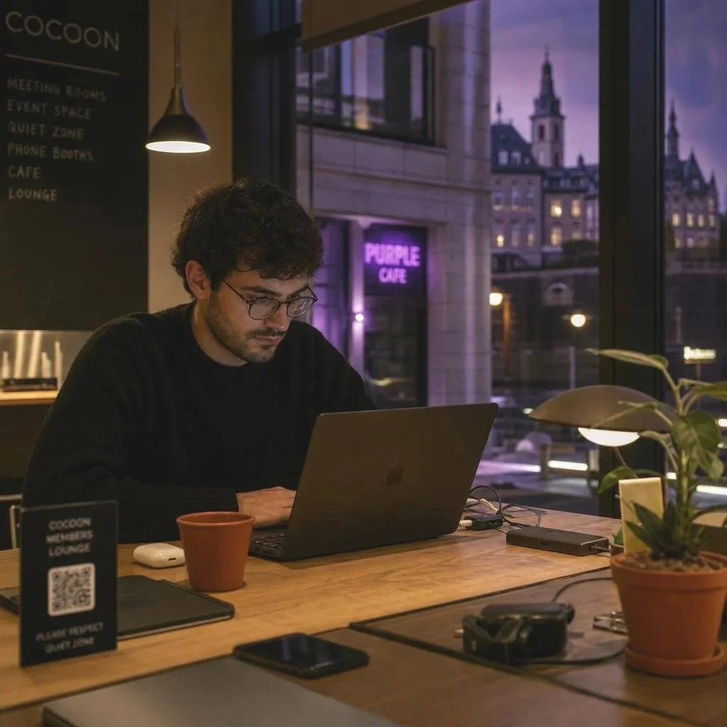 Jeune homme travaillant sur ordinateur portable dans espace de coworking en soirée. Ambiance feutrée avec vue sur la ville éclairée et monuments historiques de Luxembourg à travers la vitre.