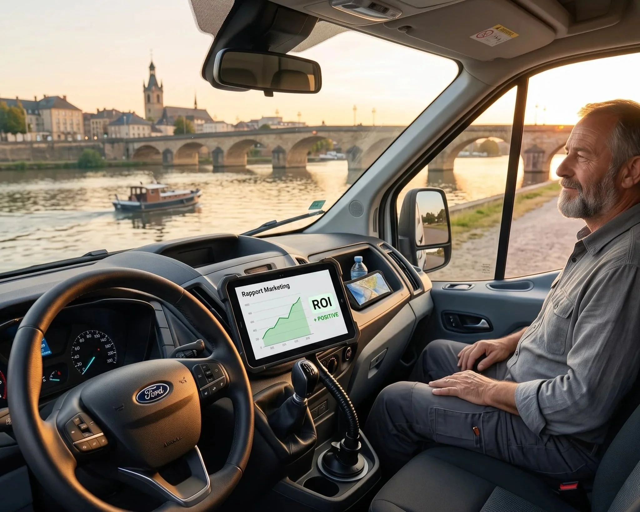 Homme assis côté passager dans utilitaire Ford, regardant fleuve et pont historique au coucher du soleil. Tableau de bord équipé d'une tablette affichant un rapport marketing avec ROI positif.