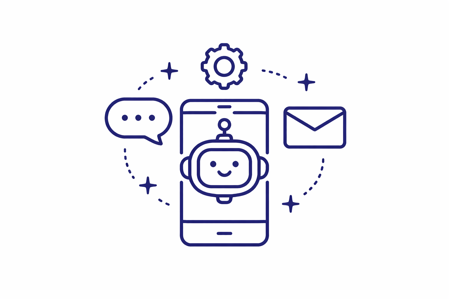 Illustration d'un robot avec un visage souriant sur un smartphone, entouré d'une bulle de discussion, d'une icône d'enveloppe, d'une roue dentée, et d'étincelles, symbolisant la communication et la technologie.