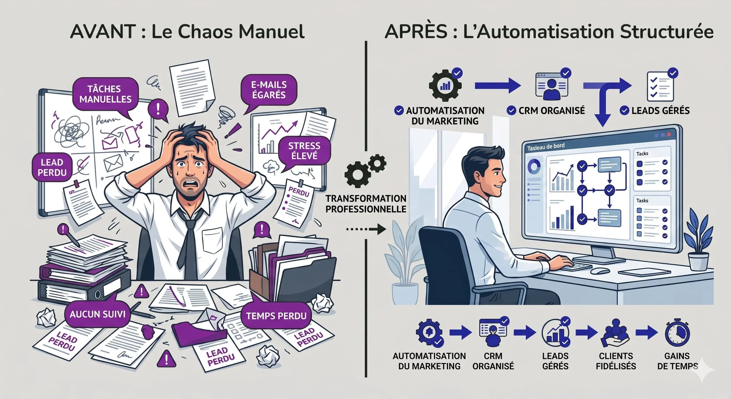 Infographie Avant Après. À gauche, "Chaos Manuel" avec leads perdus et stress. À droite, "Automatisation Structurée" montrant un CRM organisé, des clients fidélisés et des gains de temps.