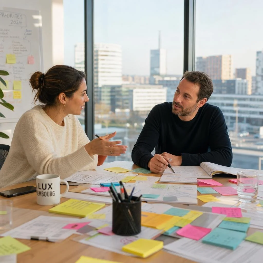 Homme et femme en pleine réunion de travail autour d'une table couverte de post-it colorés et documents. Discussion professionnelle dans un bureau lumineux avec vue sur la ville.