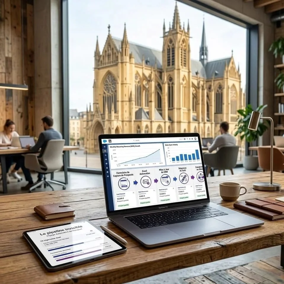 Ordinateur affichant tableau bord CRM et pipeline prospection pour trouver clients. Cathédrale de Metz en arrière-plan visible depuis baie vitrée espace coworking.