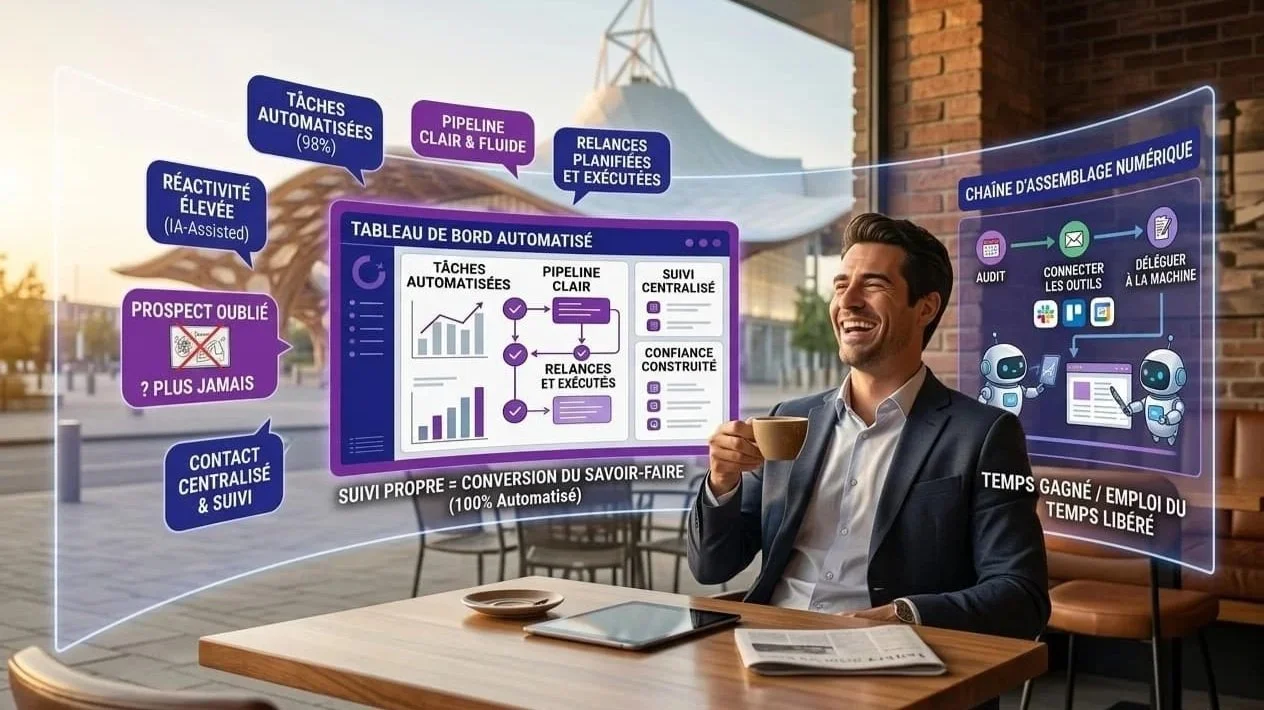 Entrepreneur souriant prenant café devant écran holographique affichant tableau de bord automatisé. Évoque gain de temps, productivité accrue et automatisation des tâches.
