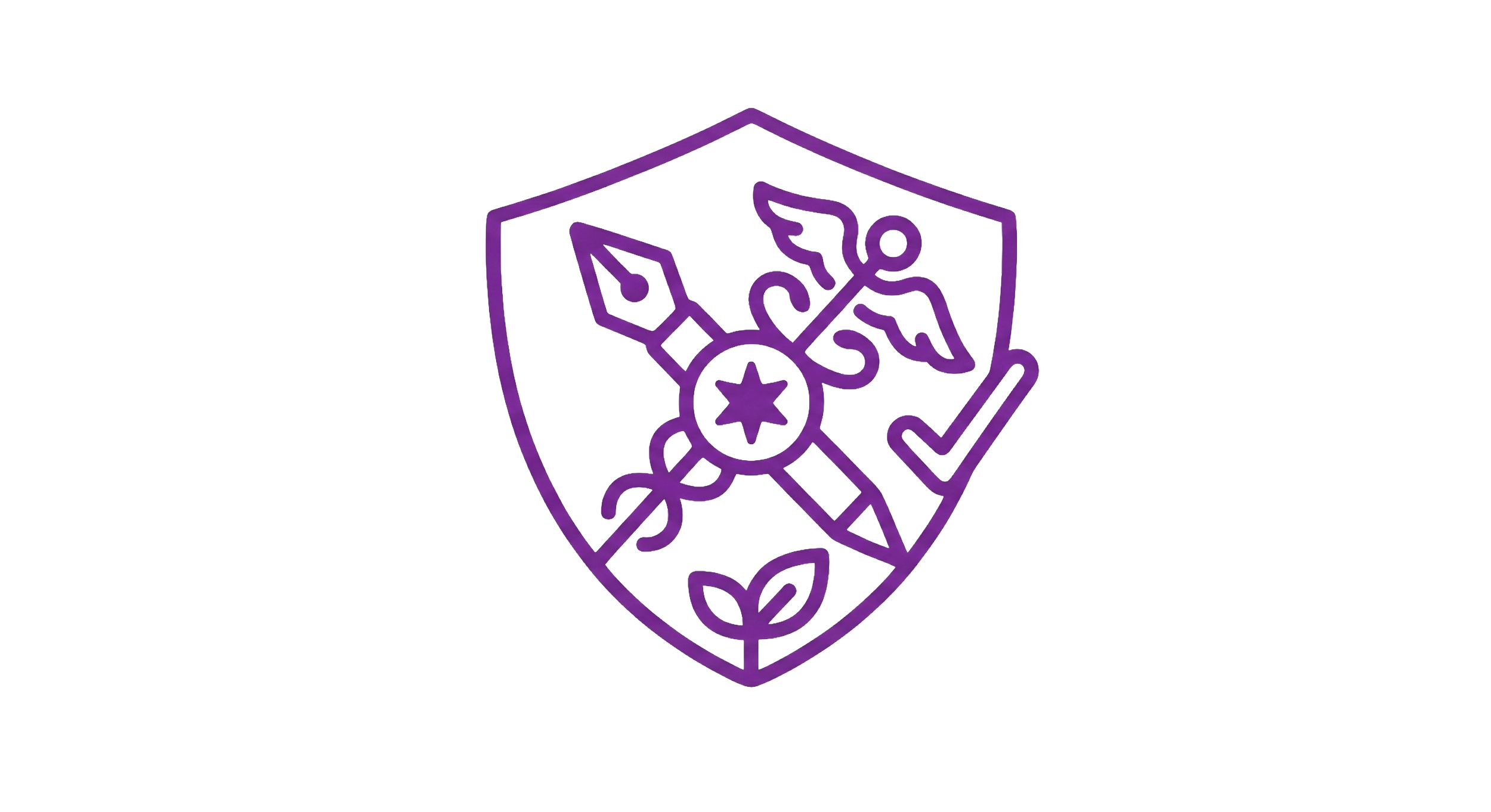 Illustration violette sur fond beige avec blason comprenant des plumes d'écriture, un crayon et des végétaux, titrée Cas 2 Indépendant service pour valoriser son expertise.
