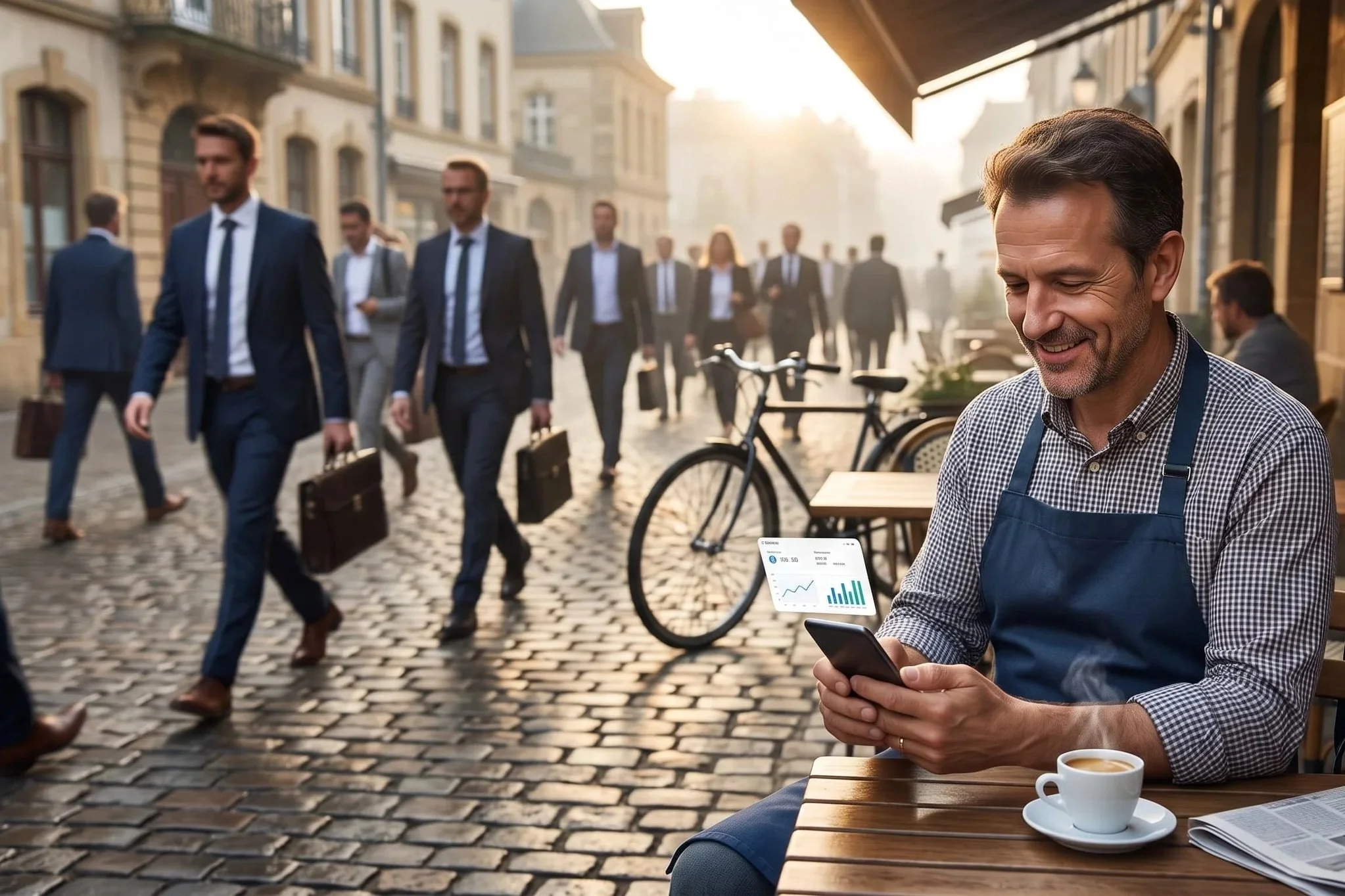 Commerçant souriant en tablier à la terrasse d'un café, consultant des graphiques financiers sur son smartphone. En arrière-plan flou, des hommes d'affaires marchent dans une rue pavée ensoleillée.