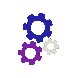 Icônes de trois engrenages de différentes tailles en violet et blanc sur fond transparent.