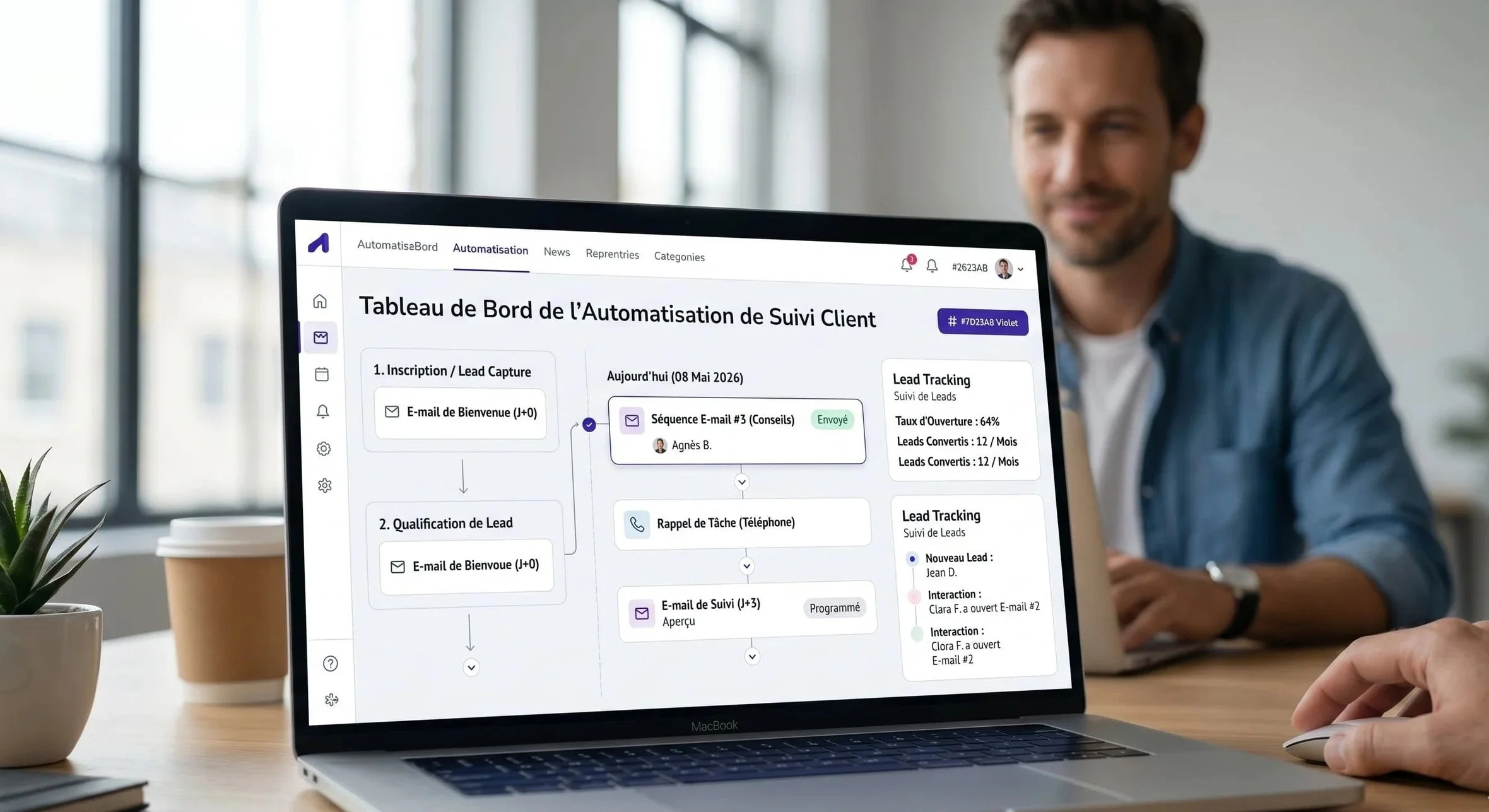 Écran d'ordinateur affichant un "Tableau de Bord de l’Automatisation de Suivi Client". Interface avec étapes d'inscription, qualification de leads et séquences d'emails programmées.