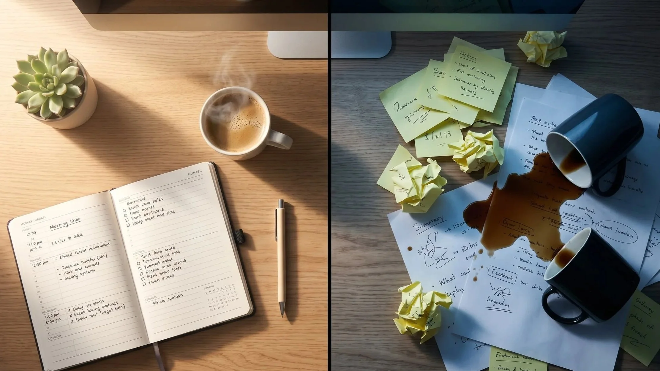 Comparaison d'espace de travail illustrant l'humeur du lundi. Côté gauche présente bureau organisé avec agenda et café. Côté droit affiche chaos, notes froissées, tasses de café renversées.