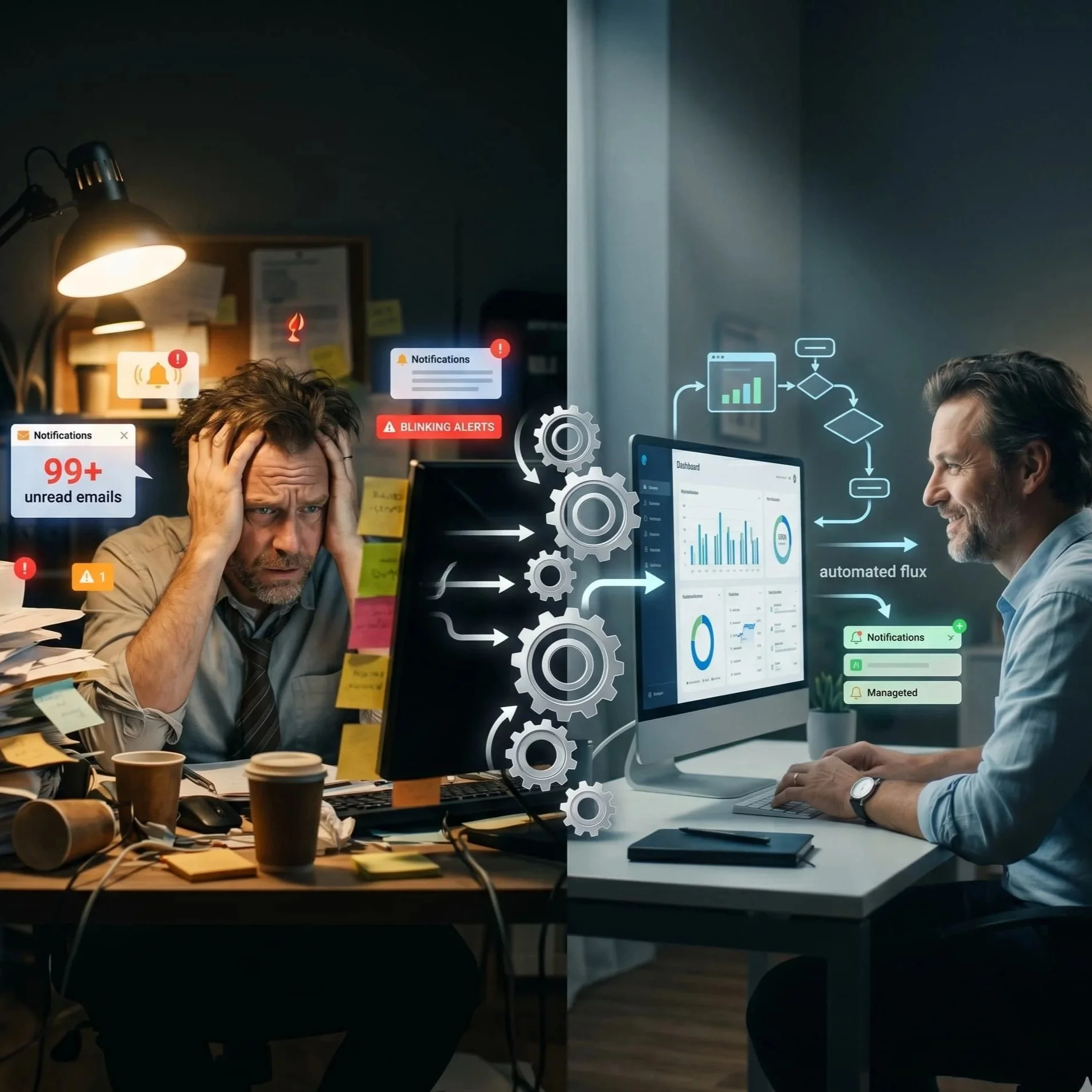 Montage avant après. À gauche, homme stressé sous une pluie de notifications et dossiers. À droite, entrepreneur serein devant un écran affichant un flux de travail automatisé.