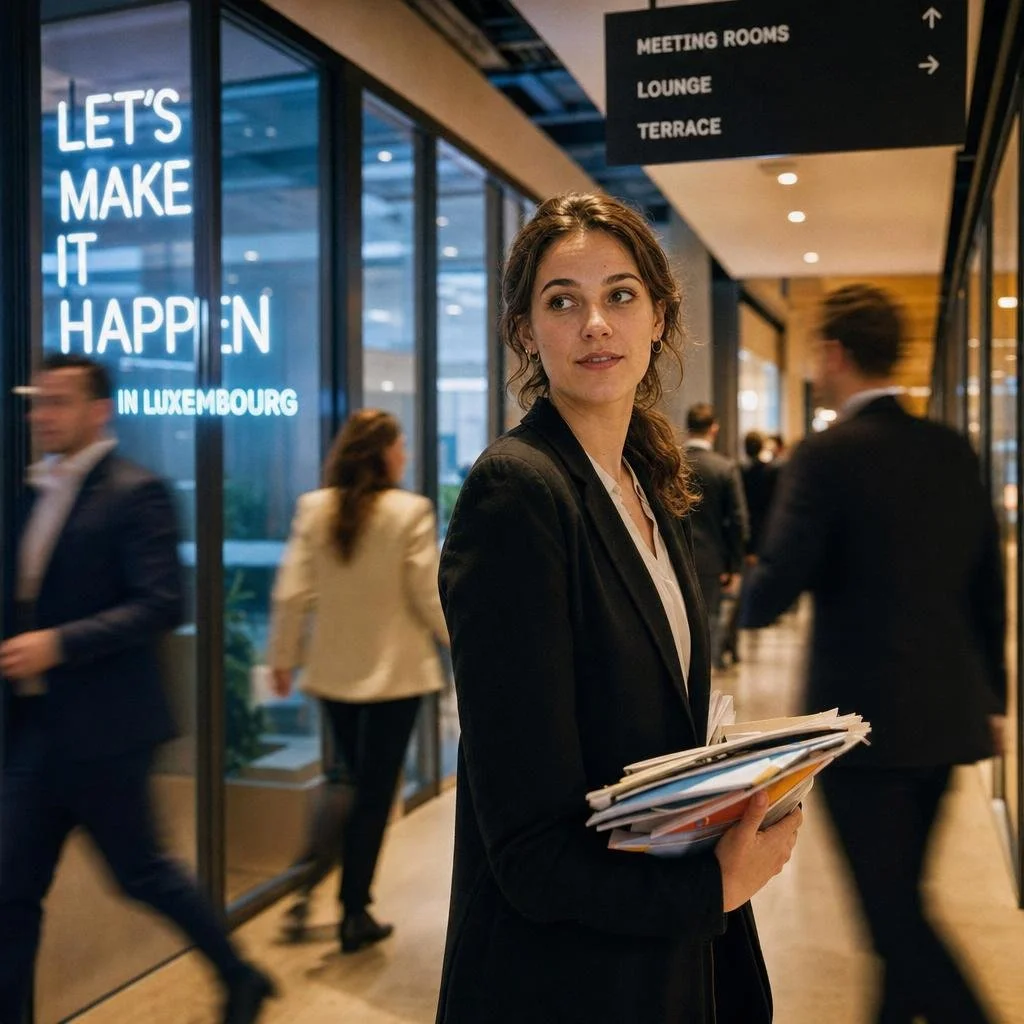 Consultante en recrutement marchant dans un couloir d'entreprise moderne pour une stratégie RH optimale au Luxembourg.