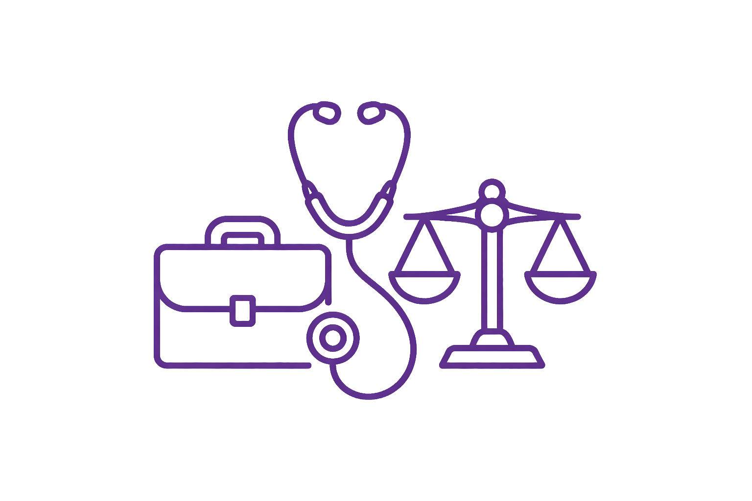 Illustration stylisée d'outils médicaux et légaux, comprenant un sac médical, un stéthoscope, une balance de justice, et une pierre d'angle, en lignes violettes sur fond violet et blanc symbolisant les professions libérales.