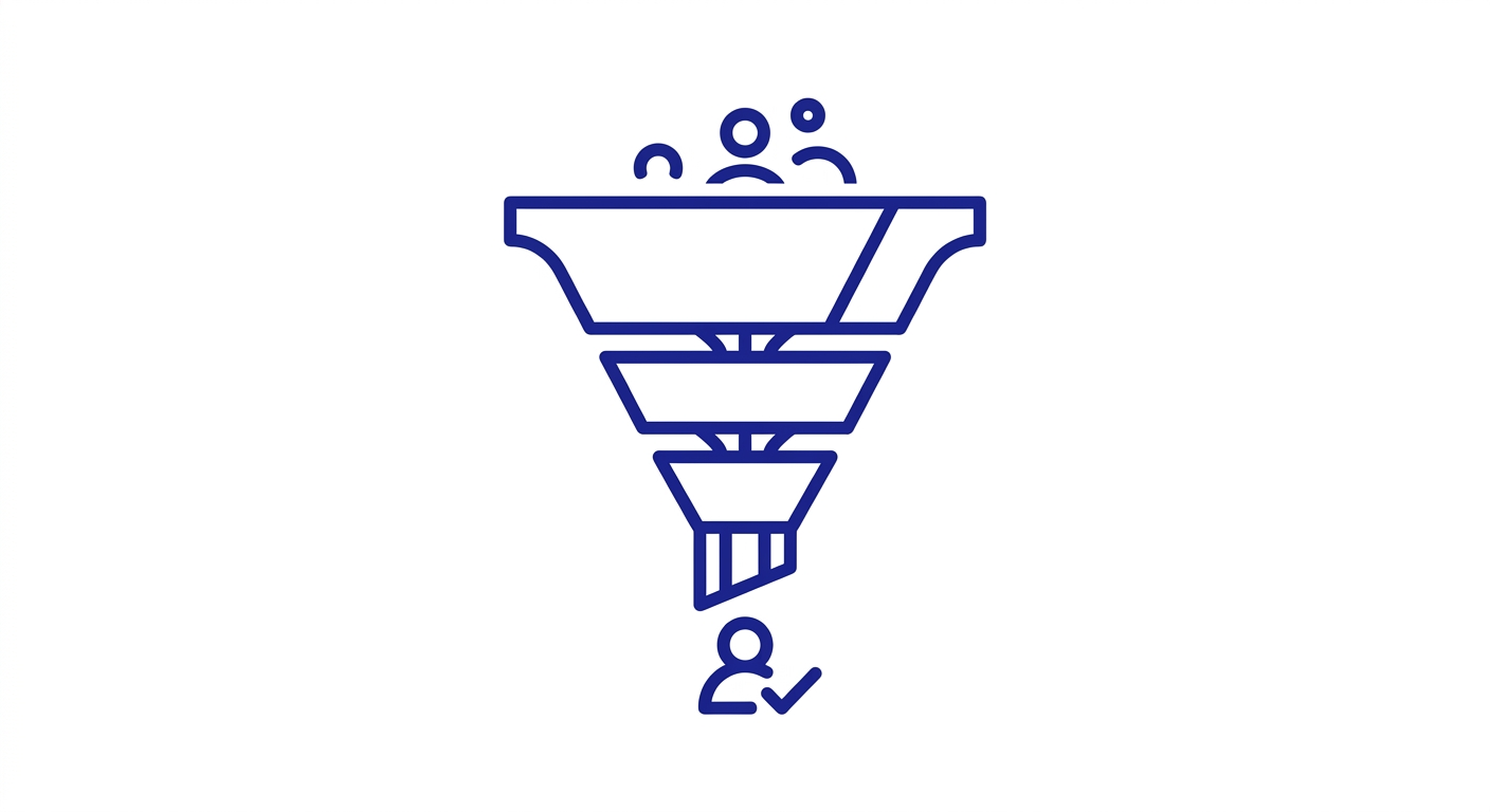 Schéma illustrant un processus d'entonnoir, avec une figure humaine en bas et des formes triangulaires de différentes tailles au sommet, représentées en ligne bleu sur fond blanc.