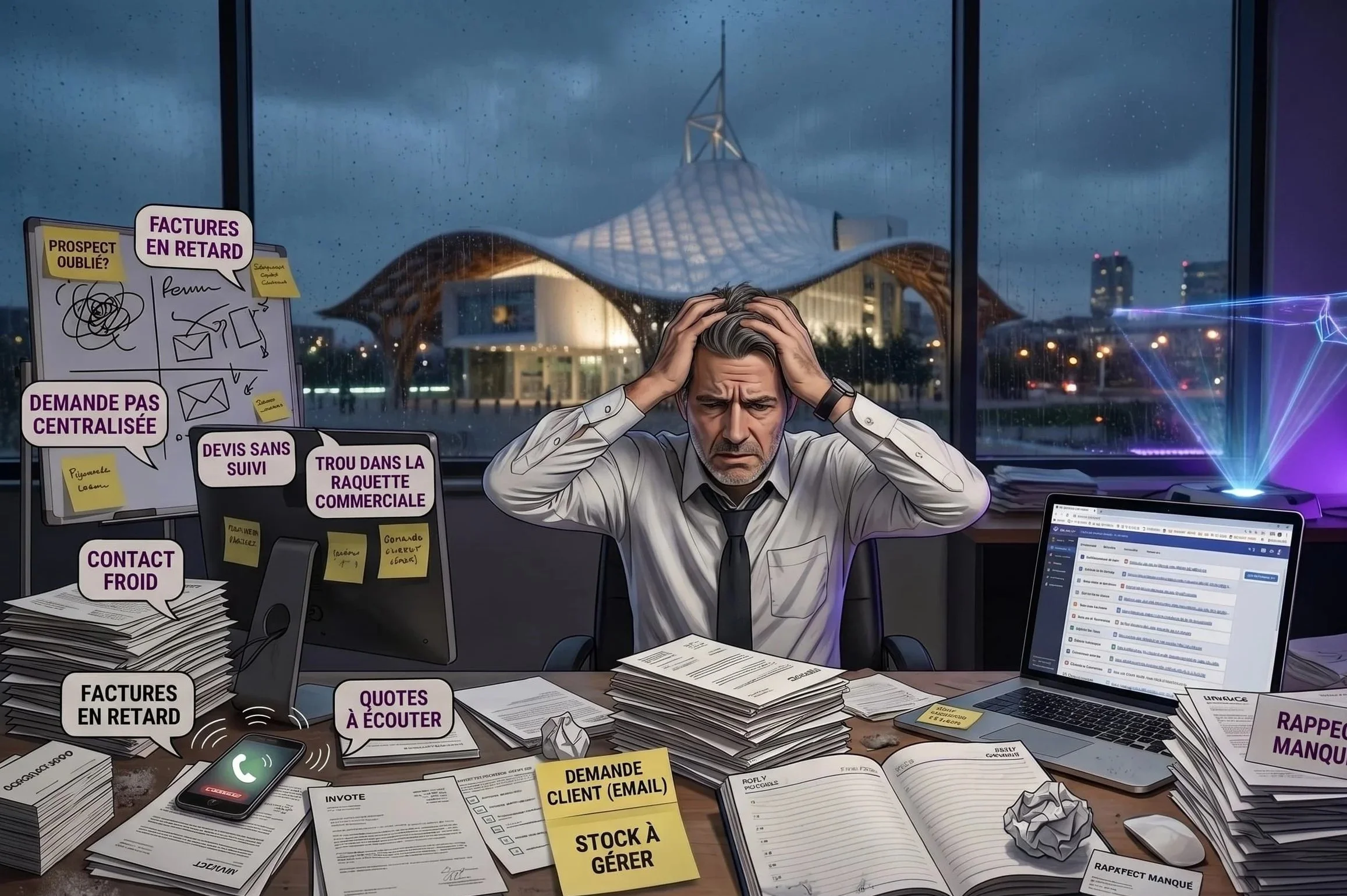 Entrepreneur stressé se tenant tête dans mains devant bureau surchargé de dossiers, factures en retard et notes. Évoque surcharge administrative, désorganisation et gestion de TPE.