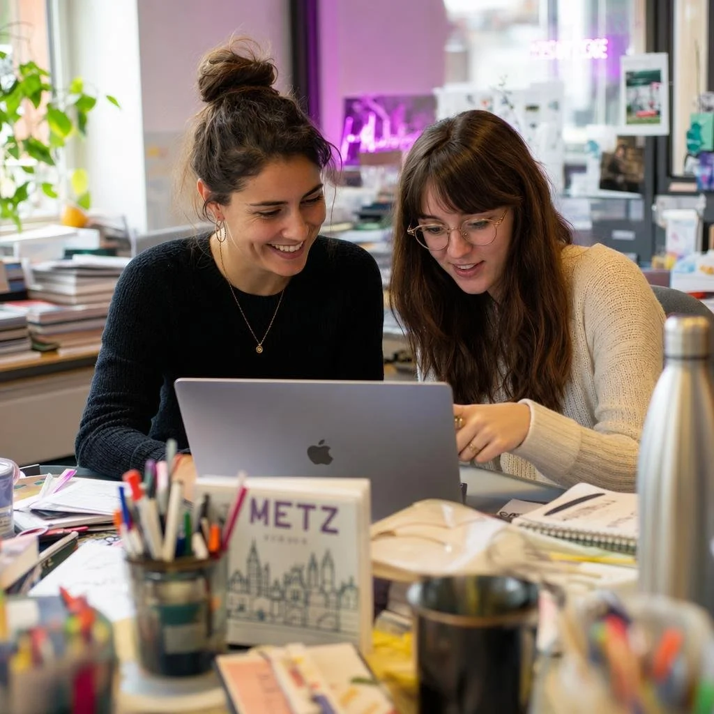 Deux collaboratrices souriantes travaillent sur un ordinateur portable dans un bureau à Metz pour optimiser le taux de conversion et l'acquisition de contacts.