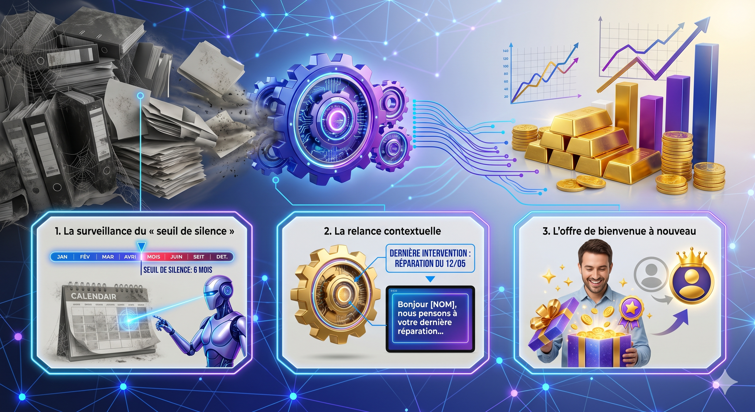 Cette infographie illustre la transformation de la gestion manuelle (archives poussiéreuses) en succès financier (lingots d'or et graphiques en hausse) via l'automatisation.