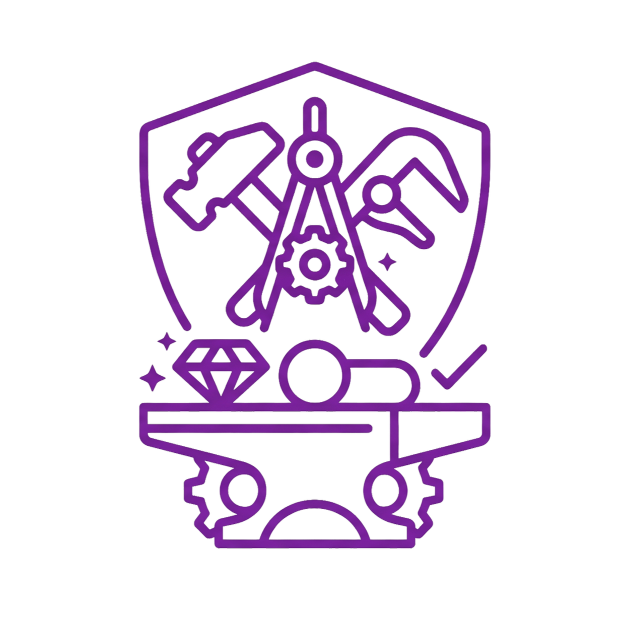 Illustration violette sur fond beige avec enclume, marteau et boussole surmontés d'un bouclier, titrée Cas 1 Artisan TPE pour optimiser l'organisation.