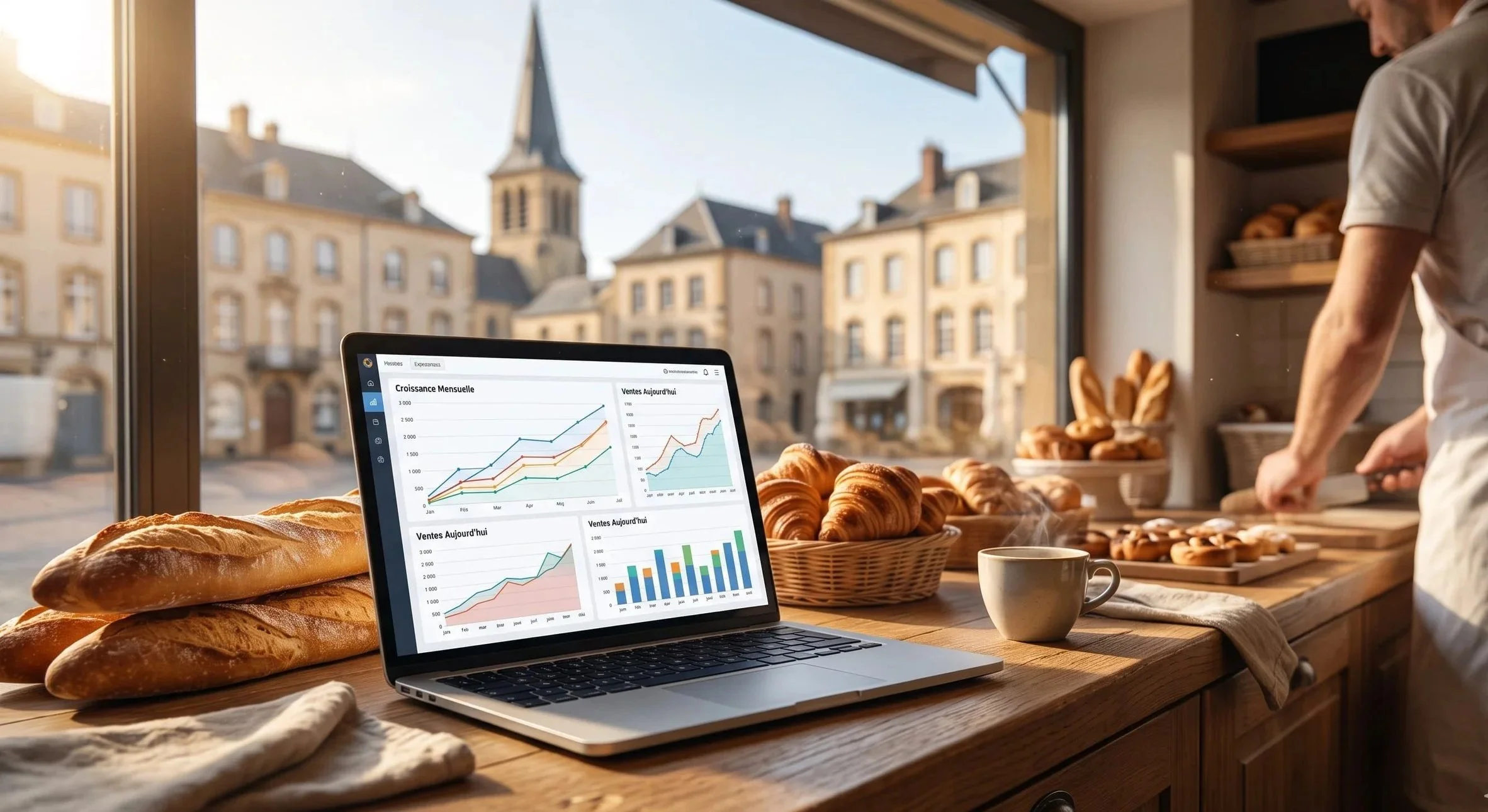 Ordinateur portable ouvert sur comptoir de boulangerie, affichant des graphiques de croissance mensuelle et ventes. À côté, baguettes, croissants frais et boulanger s'activant en arrière-plan.