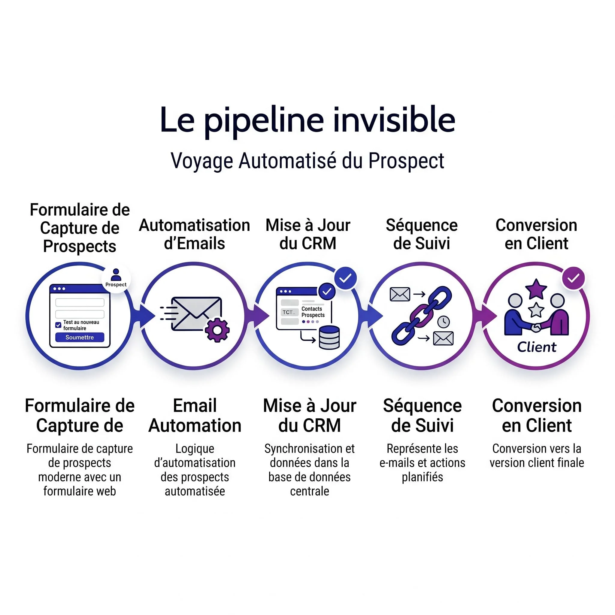 Infographie du "Pipeline invisible : Voyage Automatisé du Prospect". Cinq étapes : formulaire de capture, automatisation d'emails, mise à jour du CRM, séquence de suivi, conversion en client.