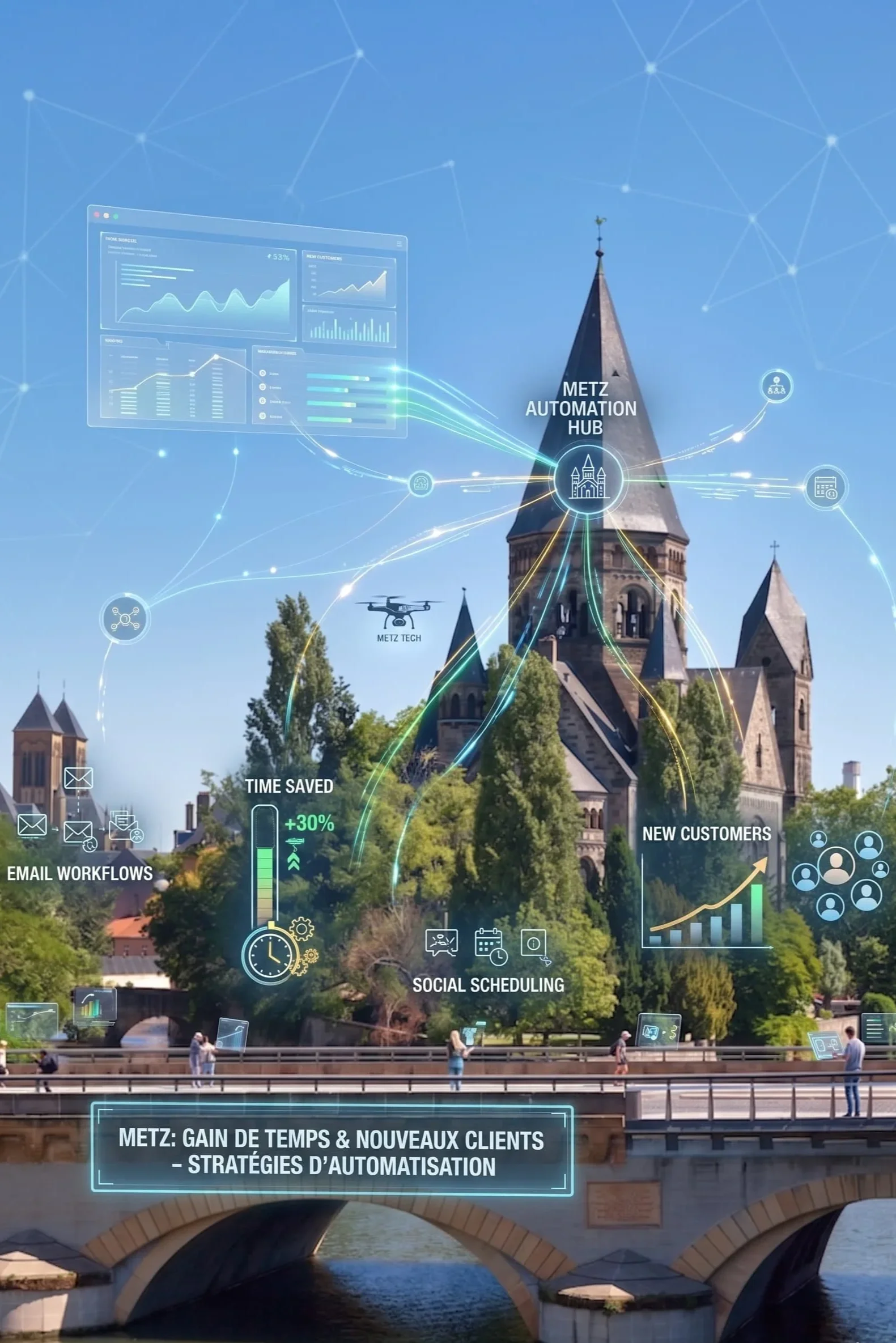 Hologrammes et graphiques digitaux survolant Temple Neuf de Metz. Éléments visuels liés à automatisation marketing, gain de temps et acquisition clients avec texte explicatif en bas.