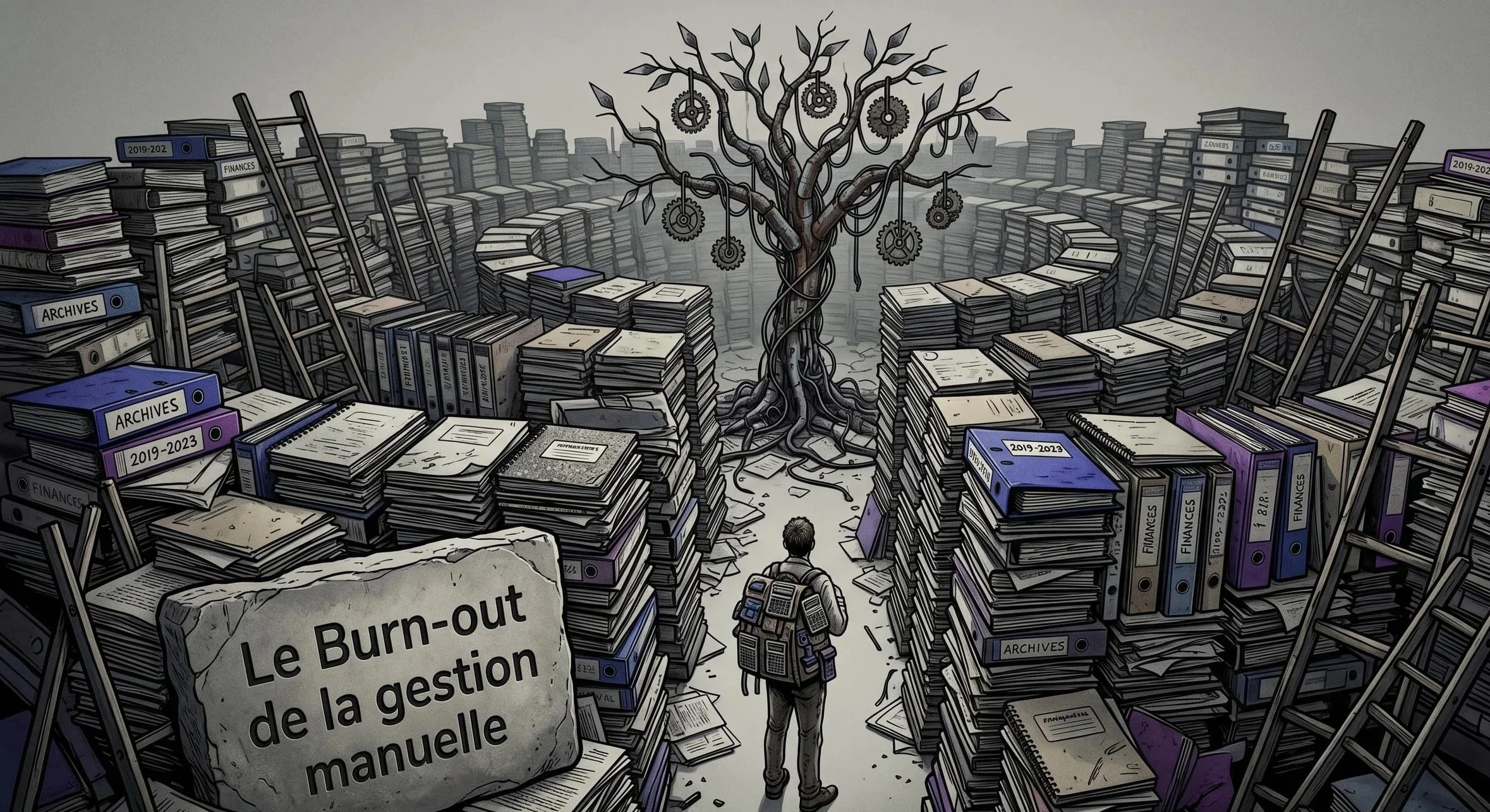 Homme de dos face à un labyrinthe de piles de classeurs d'archives professionnels avec texte Le Burn-out de la gestion manuelle. Au centre, un arbre sans feuilles avec des engrenages.