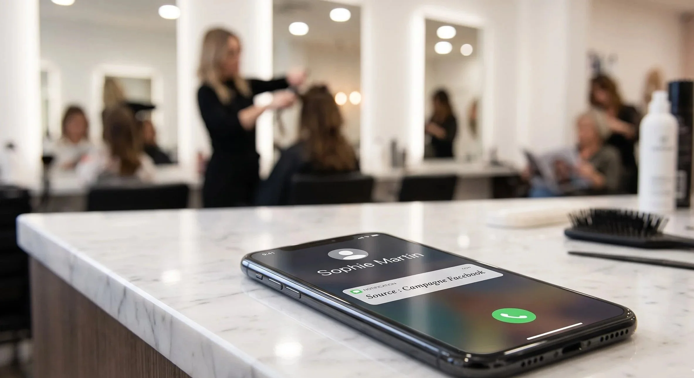 Smartphone sur comptoir en marbre affichant appel de Sophie Martin avec notification source campagne Facebook. En arrière-plan flou, coiffeuses s'occupant de clientes dans un salon lumineux.