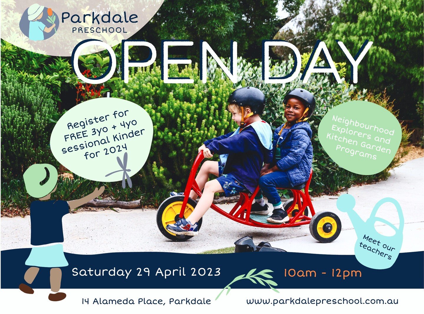 Explore our wonderful community kindergarten at our Open Day on Saturday 29 April from 10am - 12pm.
Find out more at: www.parkdalepreschool.com.au