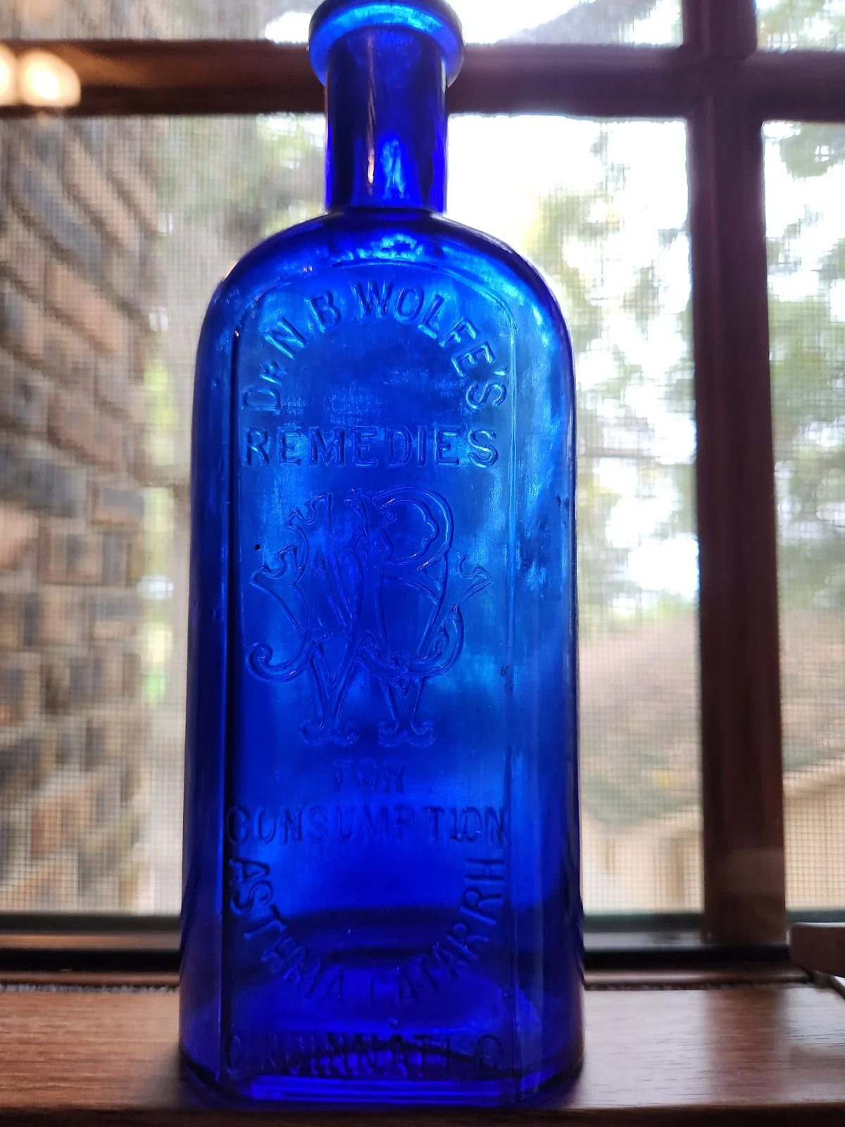 A vintage cobalt blue medicine bottle.