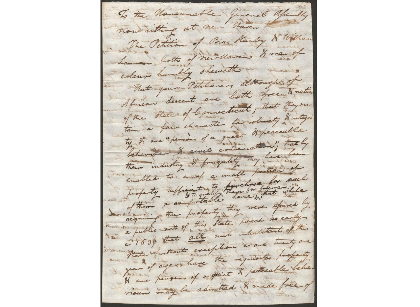 A petition to the General Assembly advocating for the restoration of black voting rights from October 1815