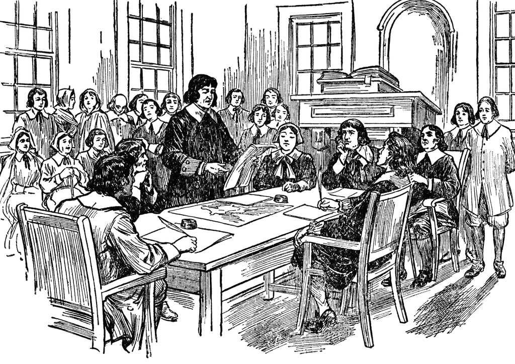An image recreating an early New England town meeting