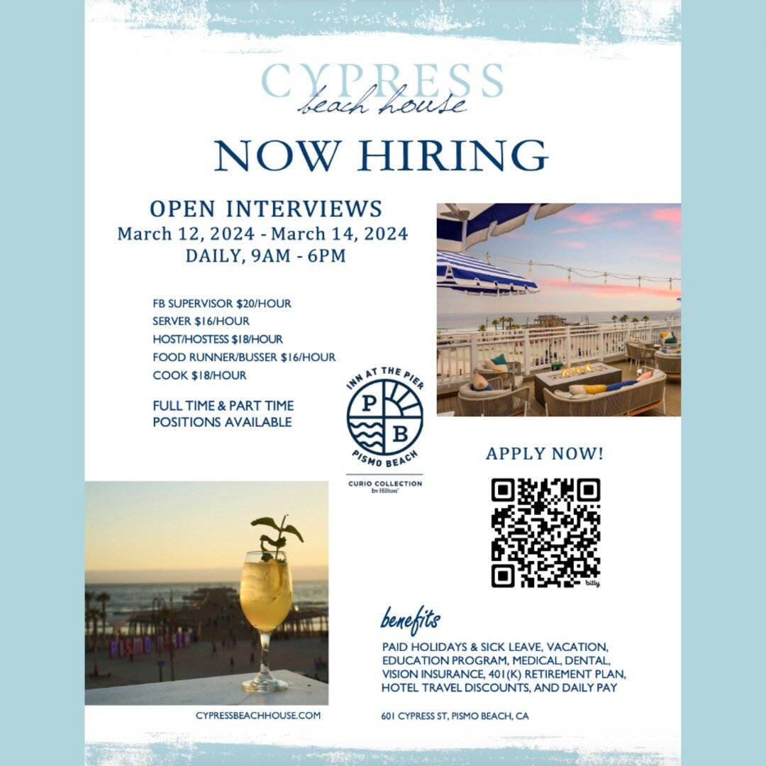 Join the family! Cypress Beach House is now hiring, and we'd love to see you at our open interviews.

Learn more at www.bit.ly/4a4bN7N

#CBH #cypressbeachhouse #rooftop #pismo #pismobeach #oceanview #cocktail #innatthepier