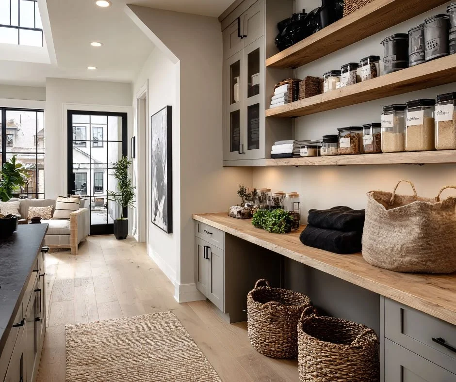 Organized condo kitchen with labeled pantry containers, baskets, and open shelving. Example of professional home organization with wood countertops and natural light.