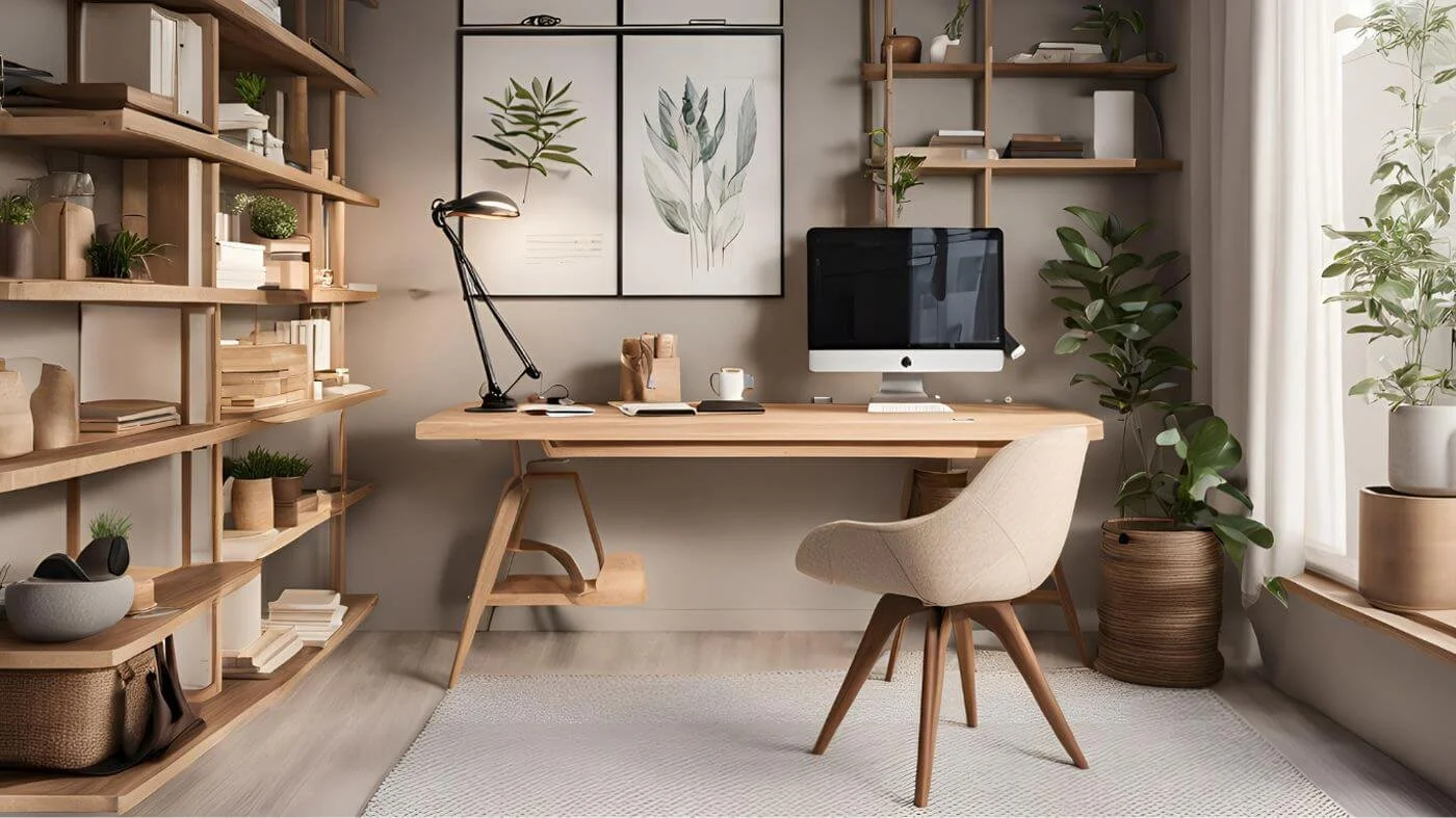 Organized functional workspace with a light wood desk, computer monitor, bookshelf, and neutral decor designed for productivity.