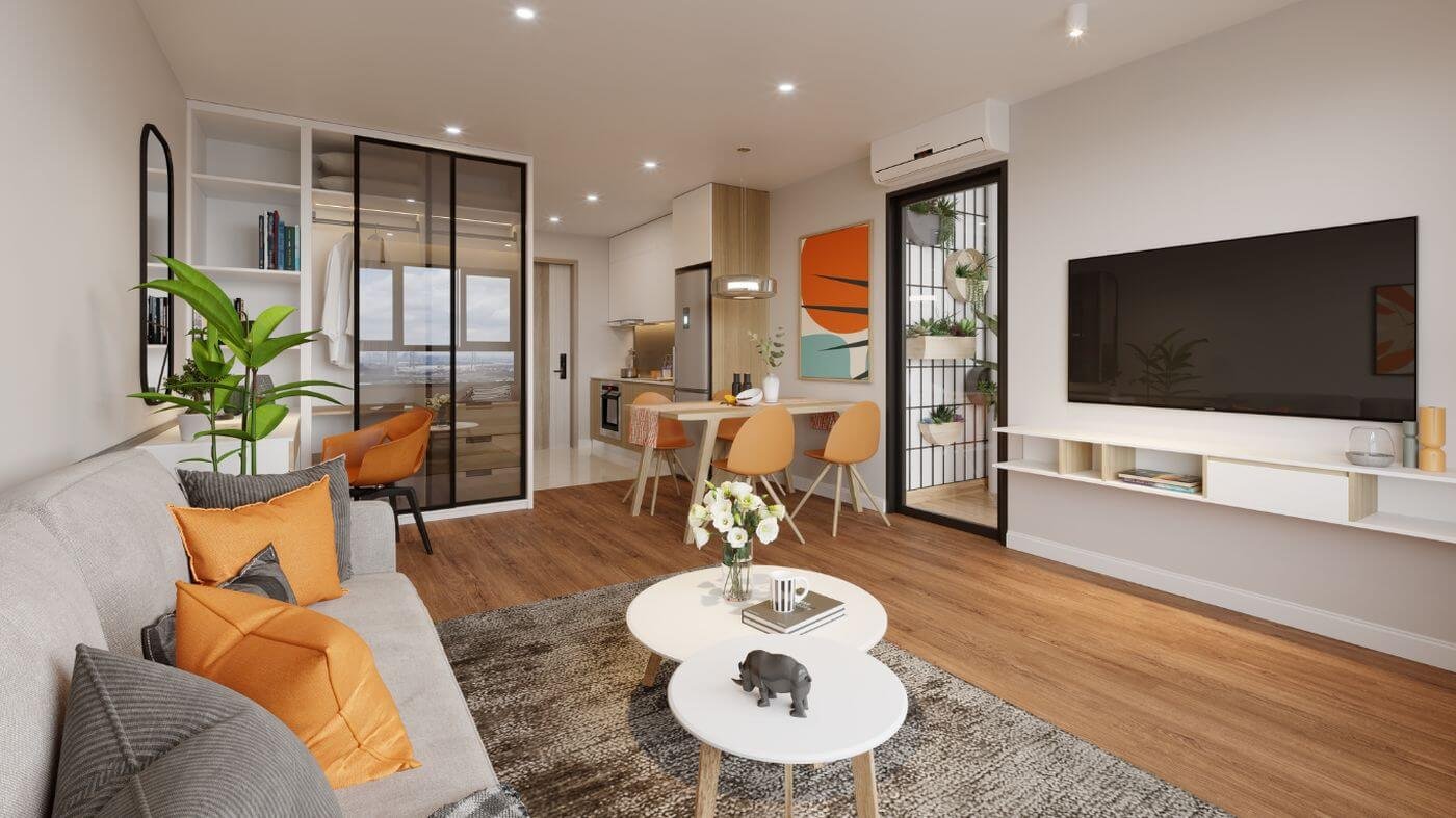 Bright new home living space with a living room, dining area, and kitchen layout designed for a comfortable fresh start.