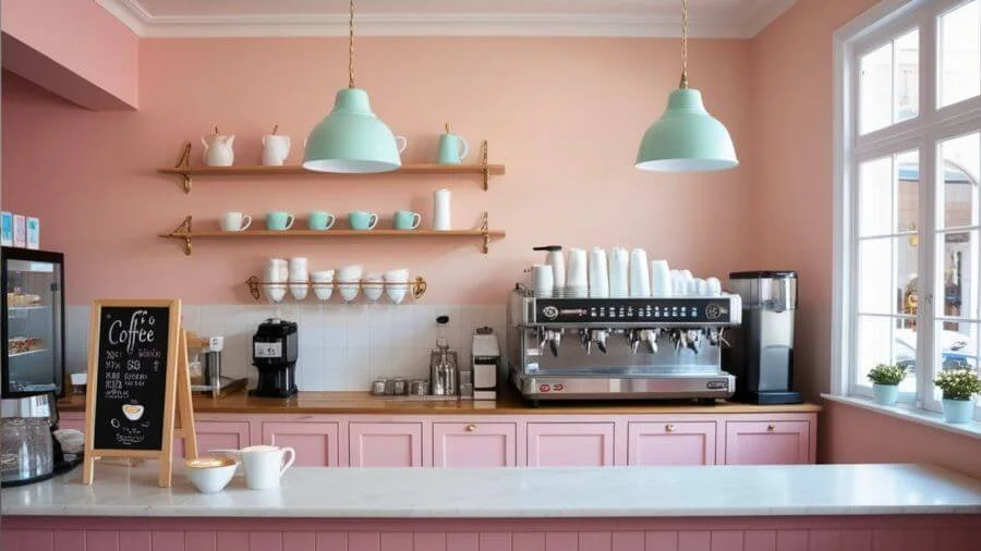 Organized customer-facing space with a coffee shop counter, espresso machine, display shelves, and neatly arranged supplies.