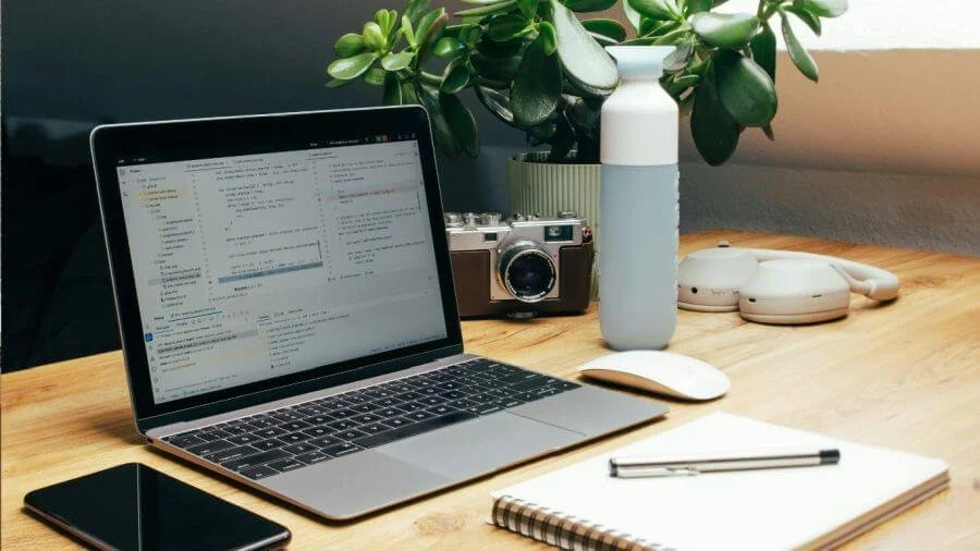 Organized business office workspace with a laptop, notebook, desk accessories, headphones, and a plant on a light wood desk.