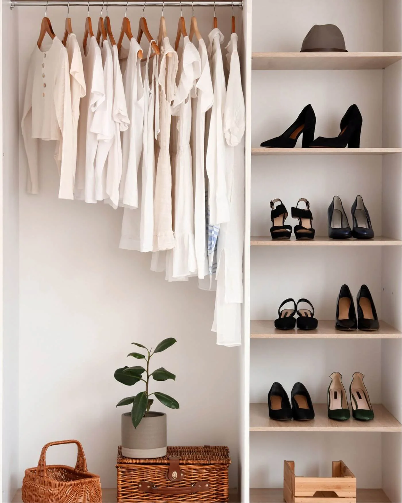 Decluttered closet with neatly arranged clothing, organized shoe storage, and open space between belongings.