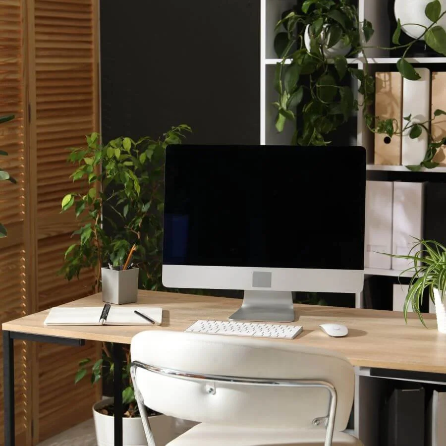 Organized home office workspace with a clean desk, computer, and thoughtful storage solutions.