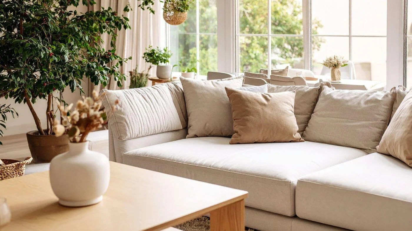 Comfortable living space with a cozy chair, light wood coffee table, plants, and neutral decor in a bright airy room.