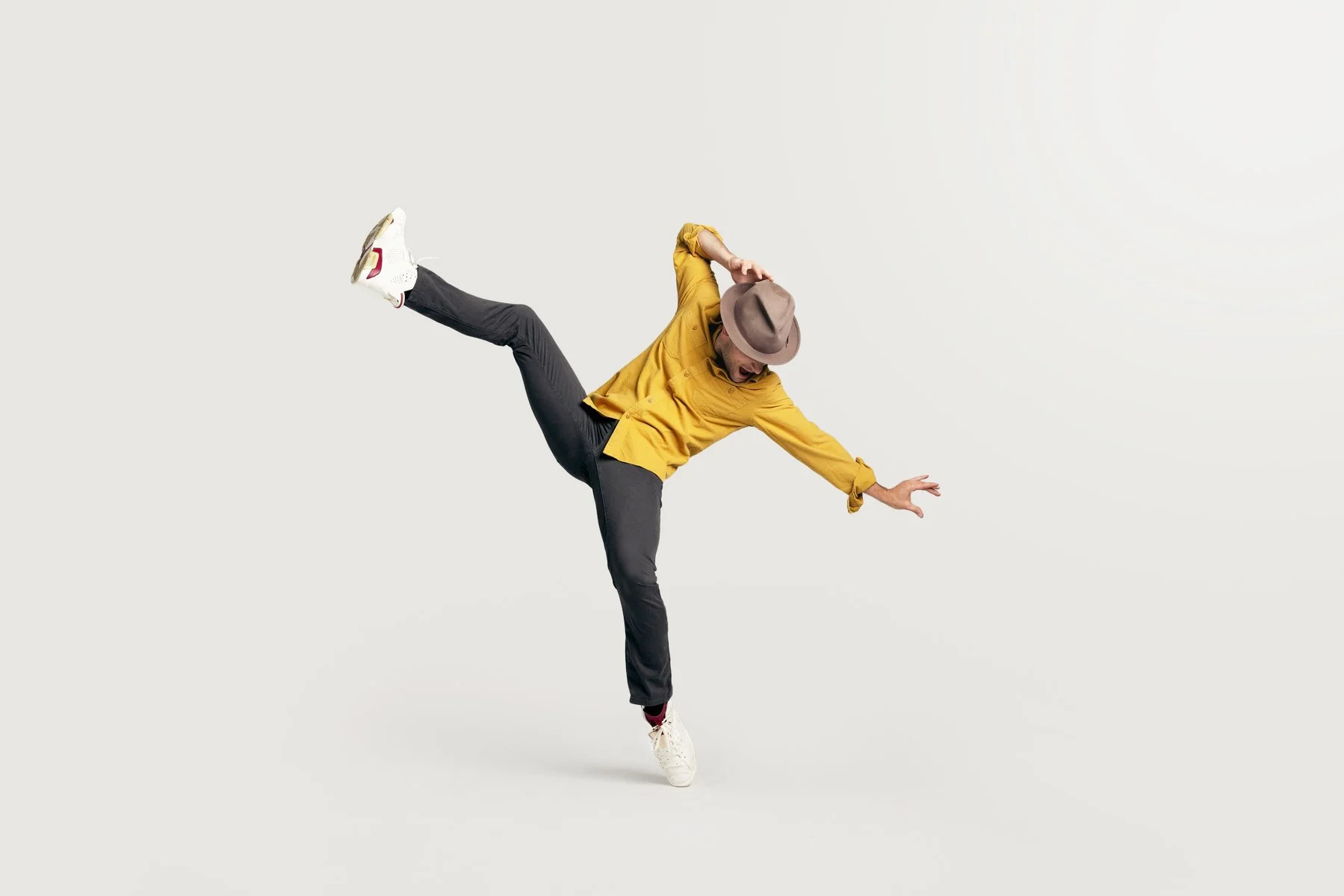A portrait of a Broadway performer for MJ: The Musical dancing on set for a photoshoot for Playbill in New York City