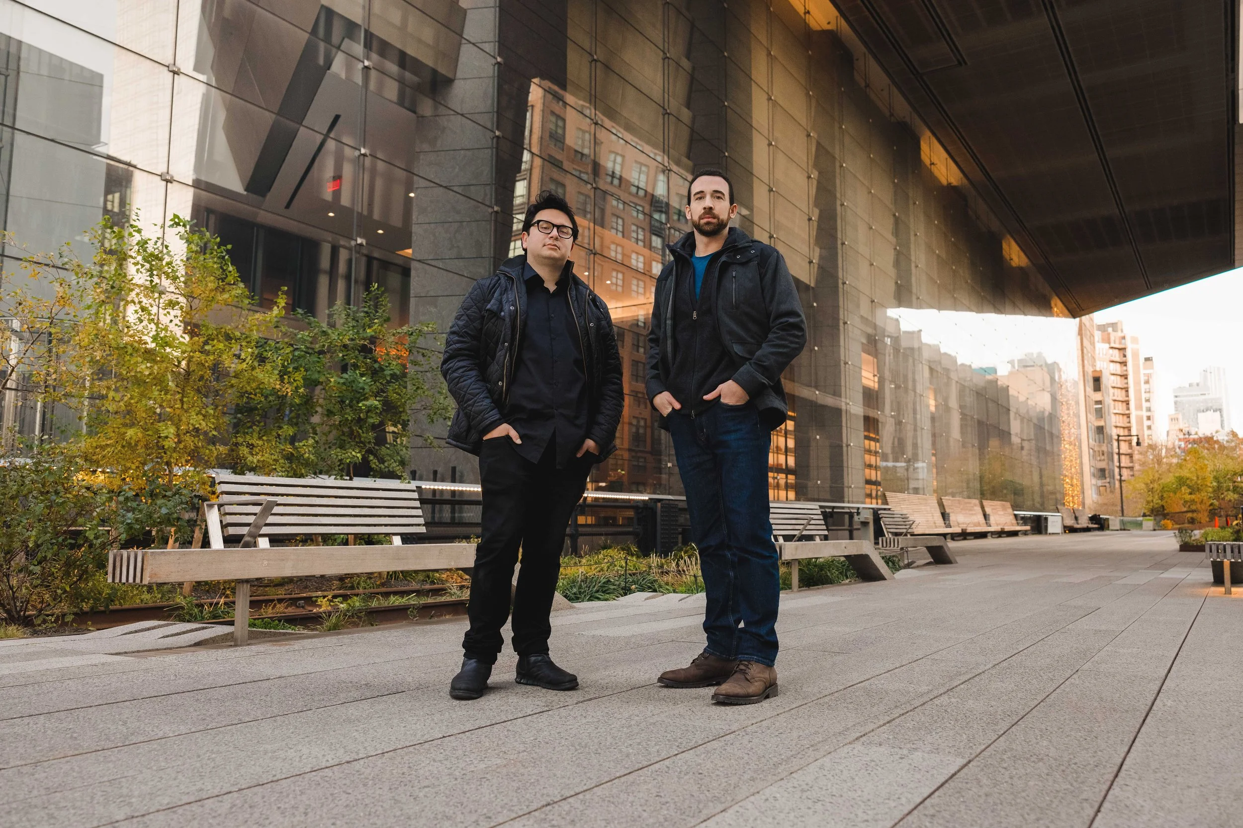 A business and tech portrait of corporate partners posing for an article for BBC about their music company in Hudson Yards in New York City