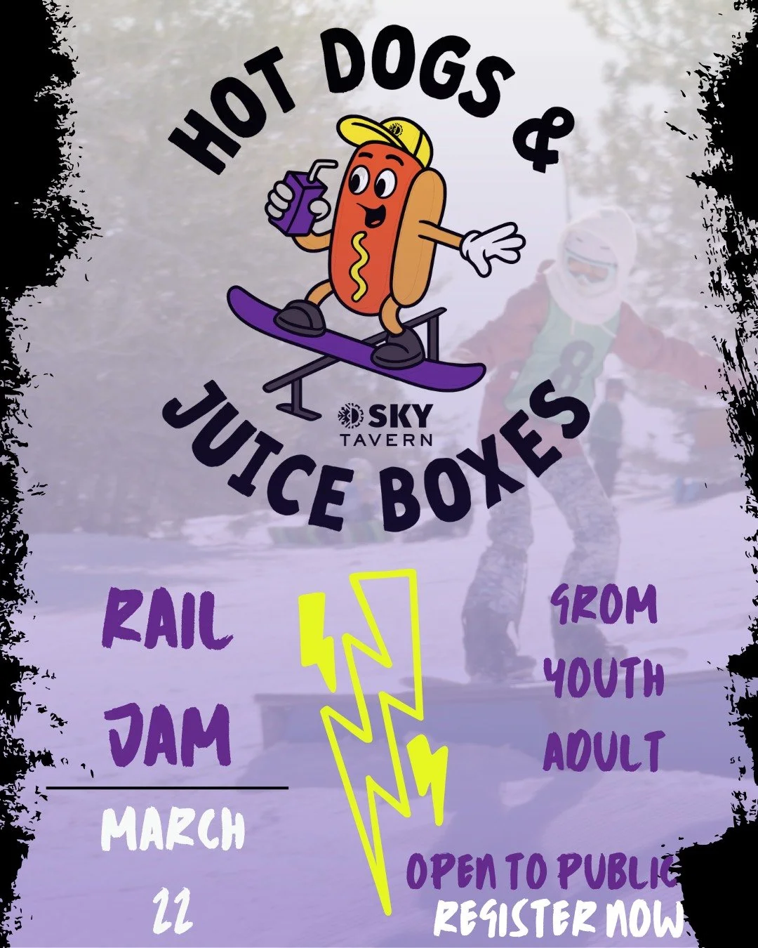 Five days. Are you ready? 🎿

Hot Dogs &amp; Juice Boxes Rail Jam goes down this Sunday, March 22th at Sky Tavern. Open practice, judged competition, live music, hot dogs, juice boxes - let's send winter off the right way.

Registration is still open