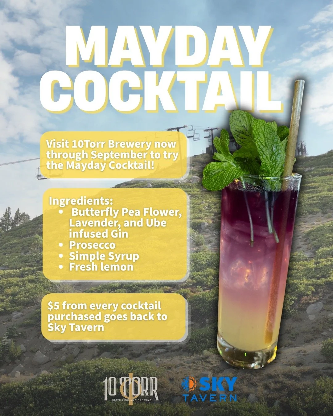 Your summer drink order just got a whole lot better! Introducing the MAYDAY cocktail, now available @10Torr.reno through September. $5 from every cocktail goes straight back to Sky Tavern🙌