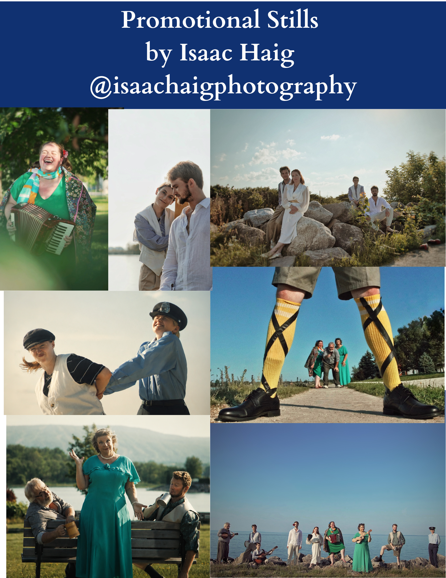A promotional collage for Isaac Haig's photography book 'Promotional Stills' features various scenes of people outdoors. The top left shows a joyful woman with an accordion, the next has a couple embracing, and the right displays a group sitting on rocks with a large statue of a person in yellow and black socks. The bottom left depicts a woman talking to an older man in a park, and the bottom right shows a band playing by the water, with a group of people near the shoreline.