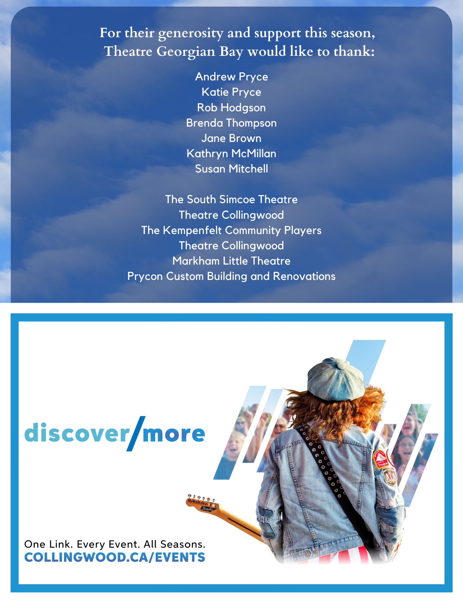 A woman with wavy red hair wearing a denim jacket and a gray hat stands on a stage with her back to the camera. The stage has a large screen displaying text about the Georgian Bay theater scene with a blue sky and clouds background. Part of a guitar is visible at the bottom of the image. The text encourages discovering more about events at collingwood.ca/events.