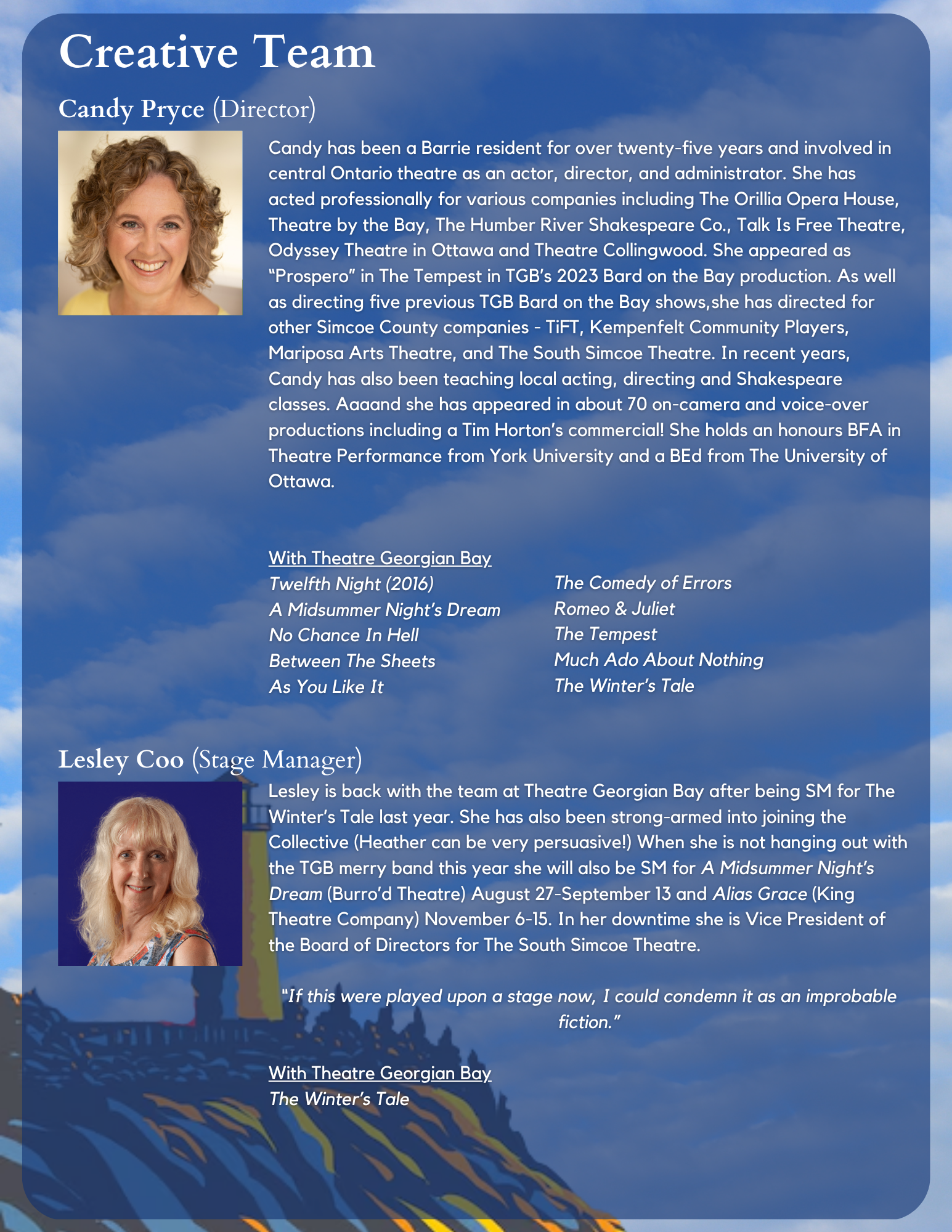 A webpage featuring the creative team at Theatre Georgian Bay, showcasing photographs and biographies of team members Candy Pryce and Lesley Coo, with a background of a blue sky and mountains. The text discusses their background, experience, and involvement in theatre productions.
