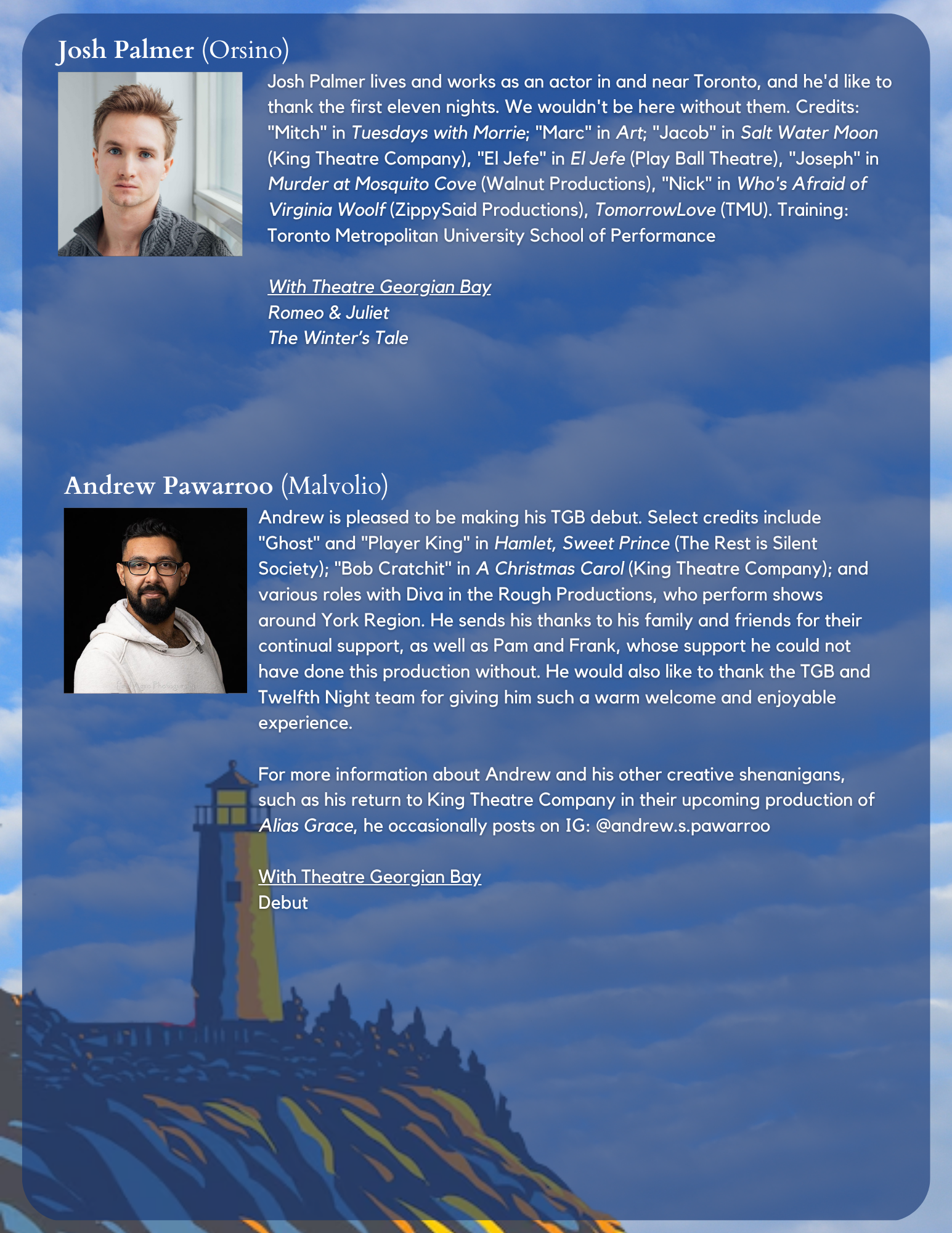 A digital poster featuring photographs and biographies of actors Josh Palmer and Andrew Pawaroo. The background shows a lighthouse and silhouette of a city skyline against a cloudy sky.